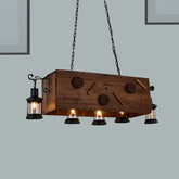 Retro Style 5-Light Kitchen Chandelier: Rectangle Design with Light Wood and Metal, Lantern Shade, Brown Hangin
